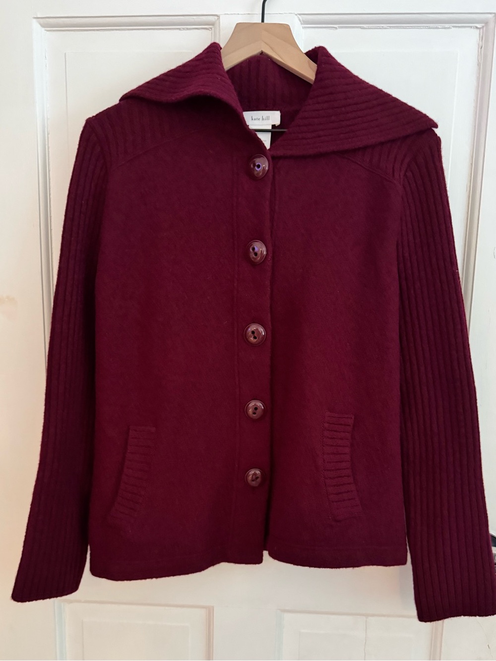 Vintage Kate Hill 100% Wool Ribbed Button Up Cardigan Sweater Jacket Burgundy M